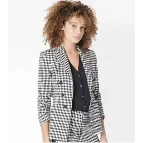 Veronica Beard Blazer 4 Black White Gingham Check Ruched Sleeve Quiet Luxury - Picture 3 of 16